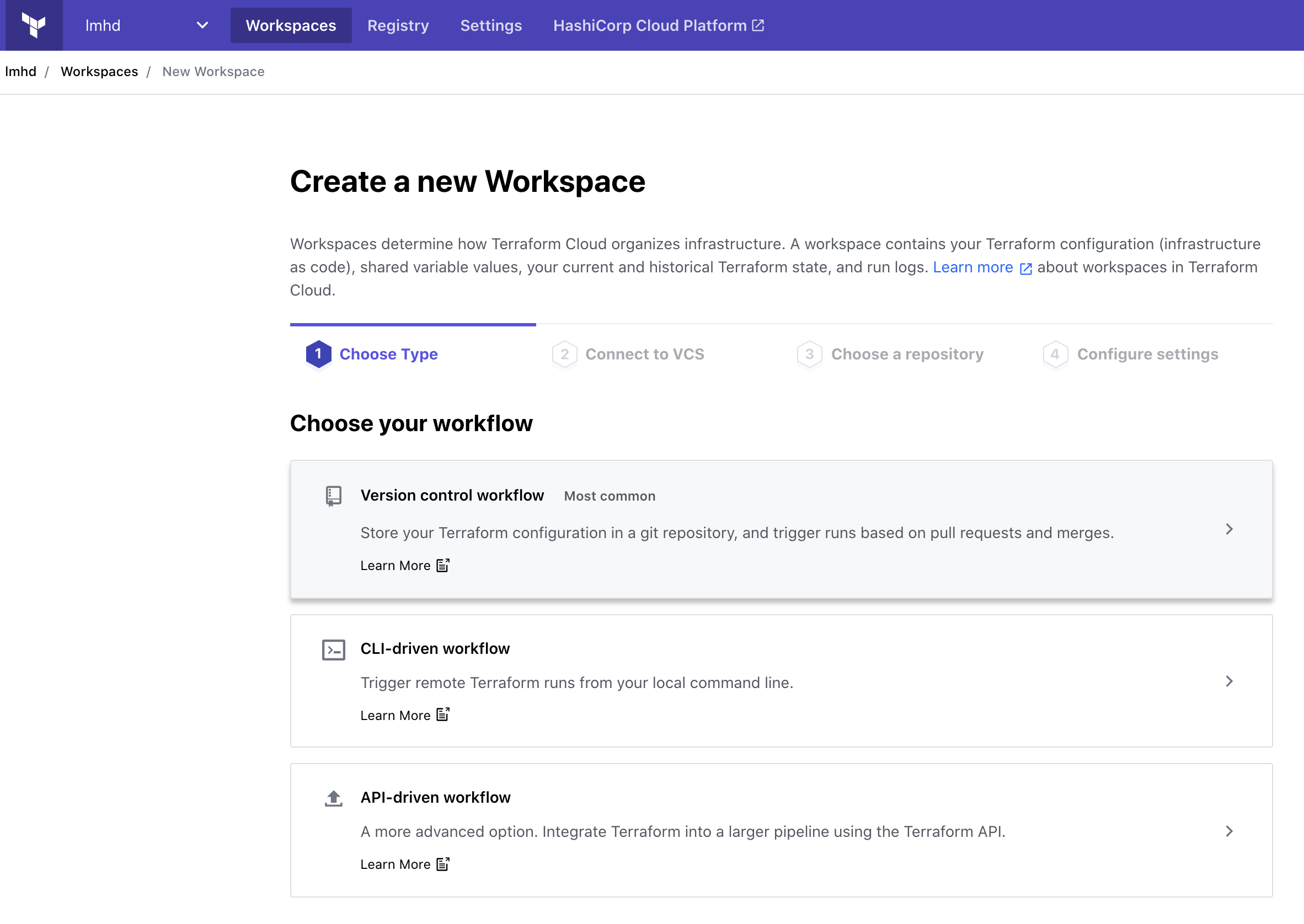 Terraform Cloud, Create a new Workspace UI, Step 1: Choose Type. Version control workflow is highlighted