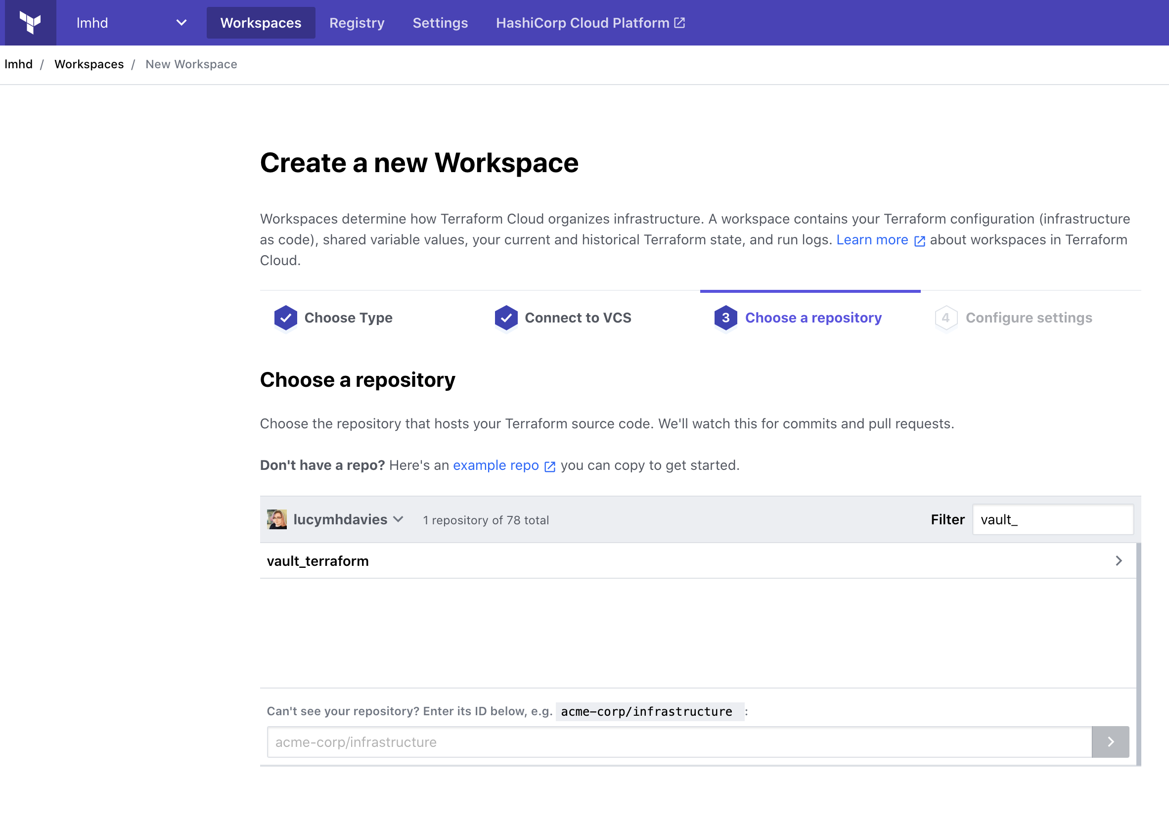 Terraform Cloud, Create a new Workspace UI, Step 3: Choose a repository. Filtered to repos named "vault_", we see one repo: "vault_terraform"